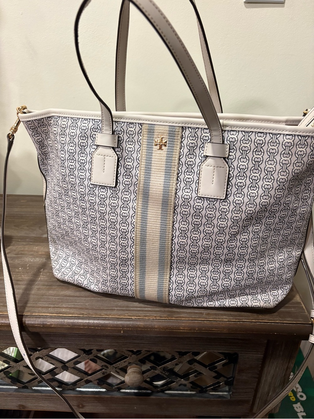 Tory Burch White and Light Blue Stripe Logo Tote